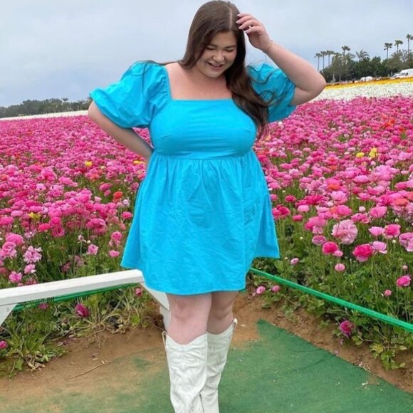 A New Day Mini Dress Puff Sleeves Smocked Cut Out Back Blue Womens Size XXL - Picture 14 of 15